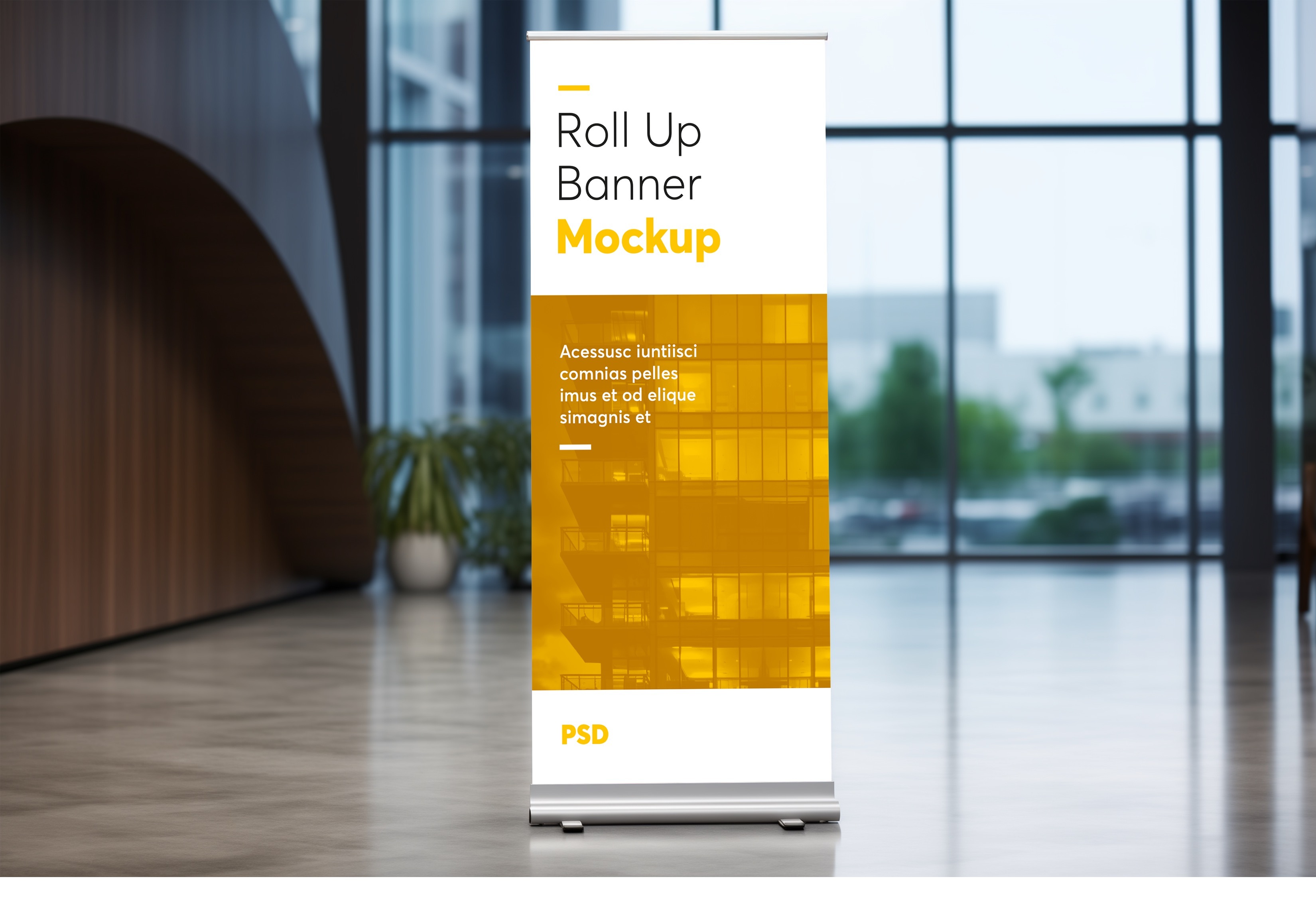 Retractable roll-up banner stand in a lobby