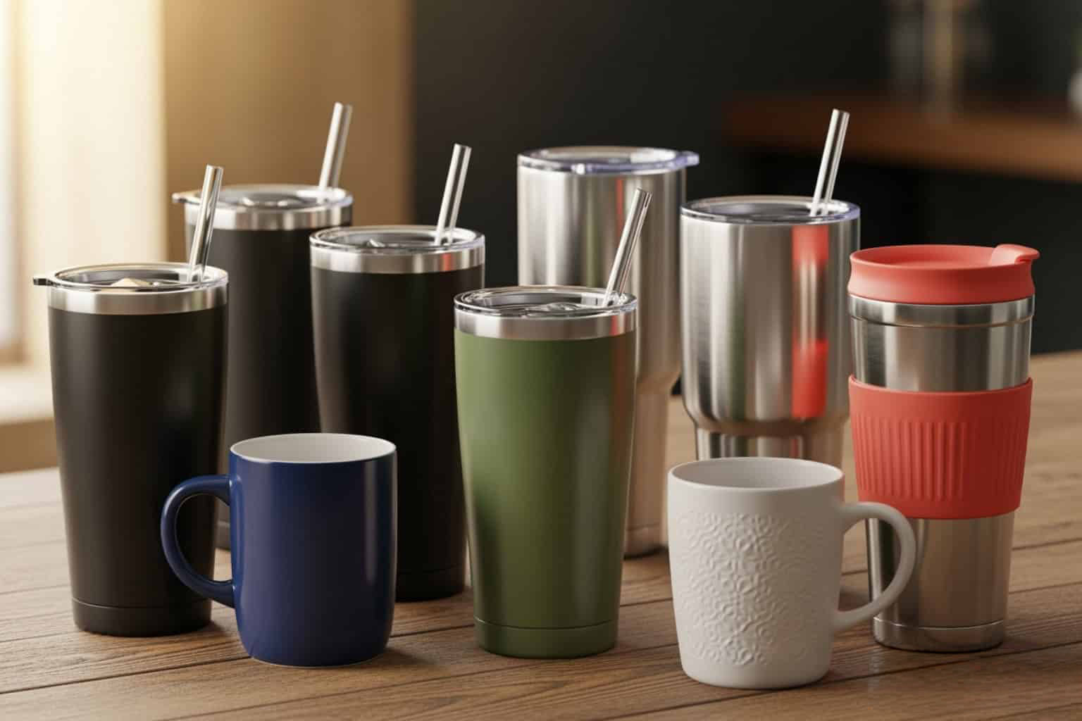 Assorted tumblers and mugs lined up on a table