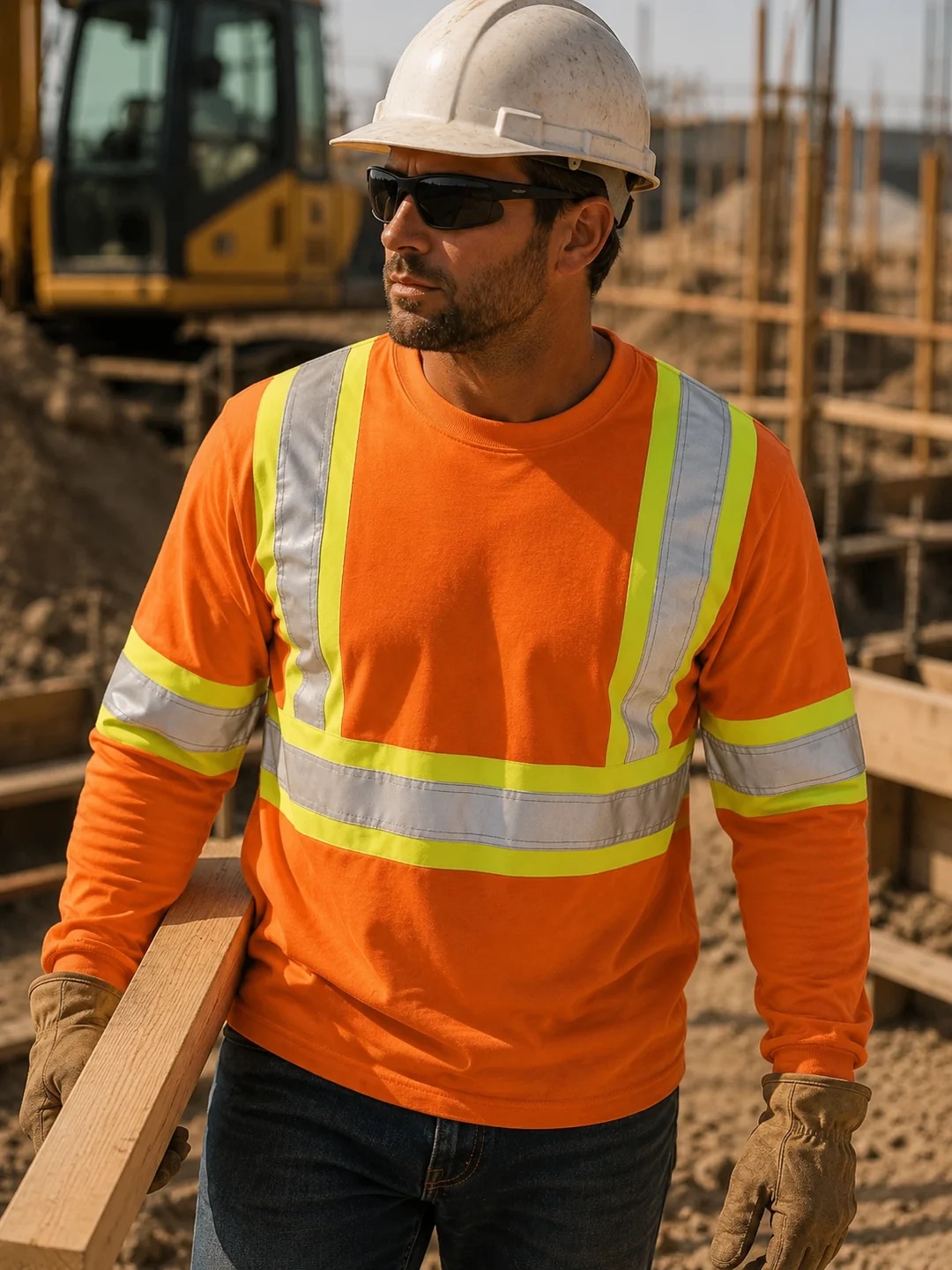 Worker wearing a hi-vis orange long-sleeve safety shirt on a job site