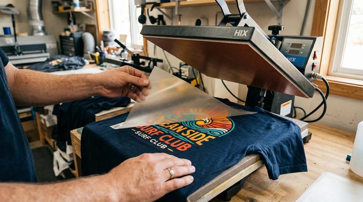 Heat press applying a full-color DTF transfer design to a navy t-shirt