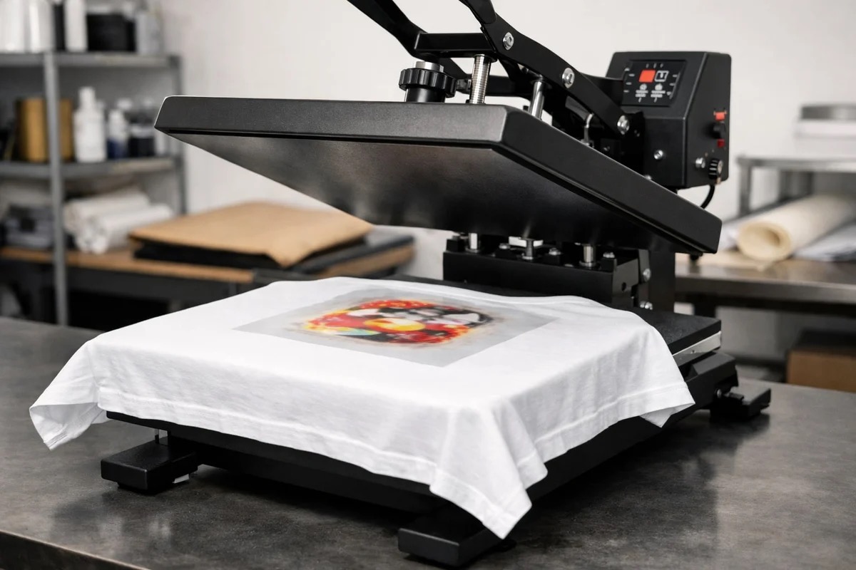 Heat press applying a full-color DTF transfer to a white t-shirt