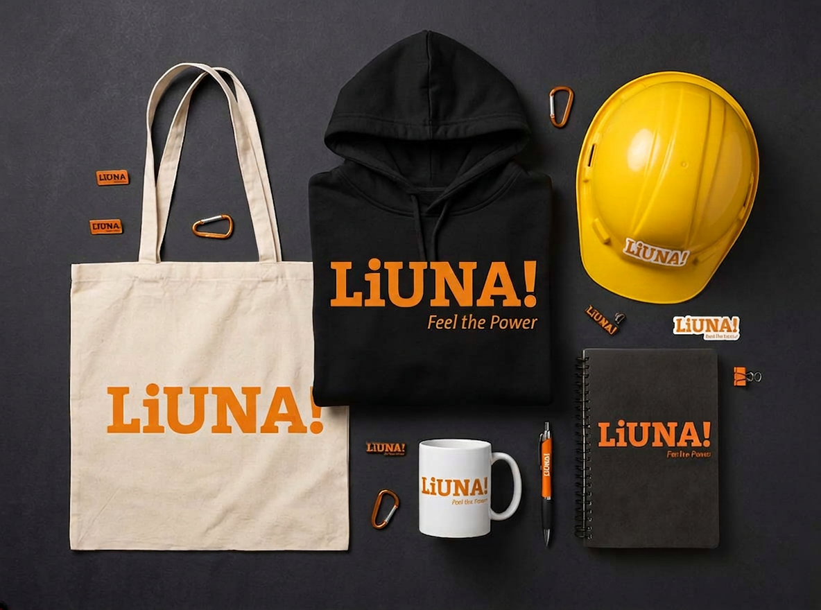 LiUNA! branded tote bag, hoodie, hard hat, mug, notebook, and pen flat lay