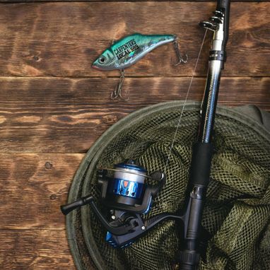 LiUNA! branded fishing lure with rod, reel, and net