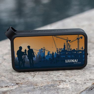LiUNA! branded Bluetooth speaker with construction skyline sunset design