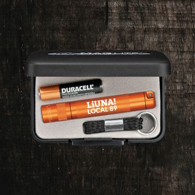 LiUNA! Local 89 branded flashlight gift set with battery and keychain