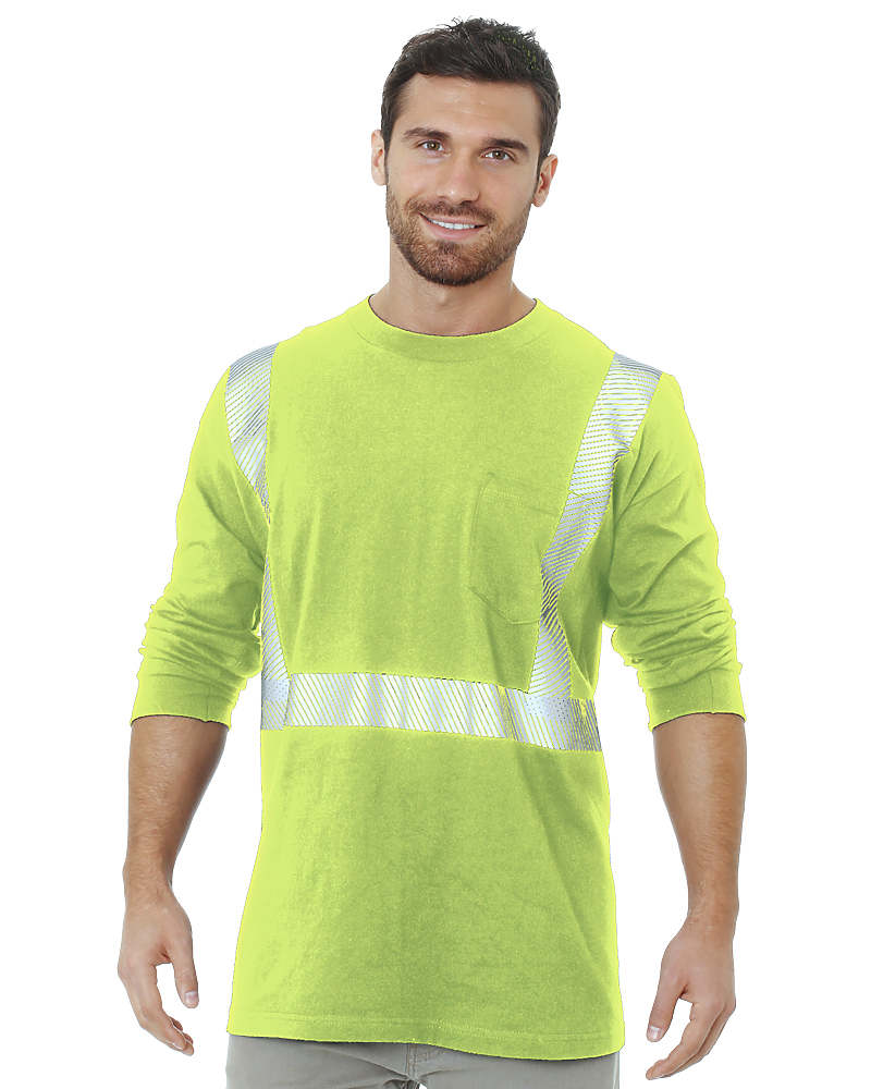 Bayside 3709 Hi-Vis 50/50 Long Sleeve Pocket Crew Segmented Striping, Made in USA
